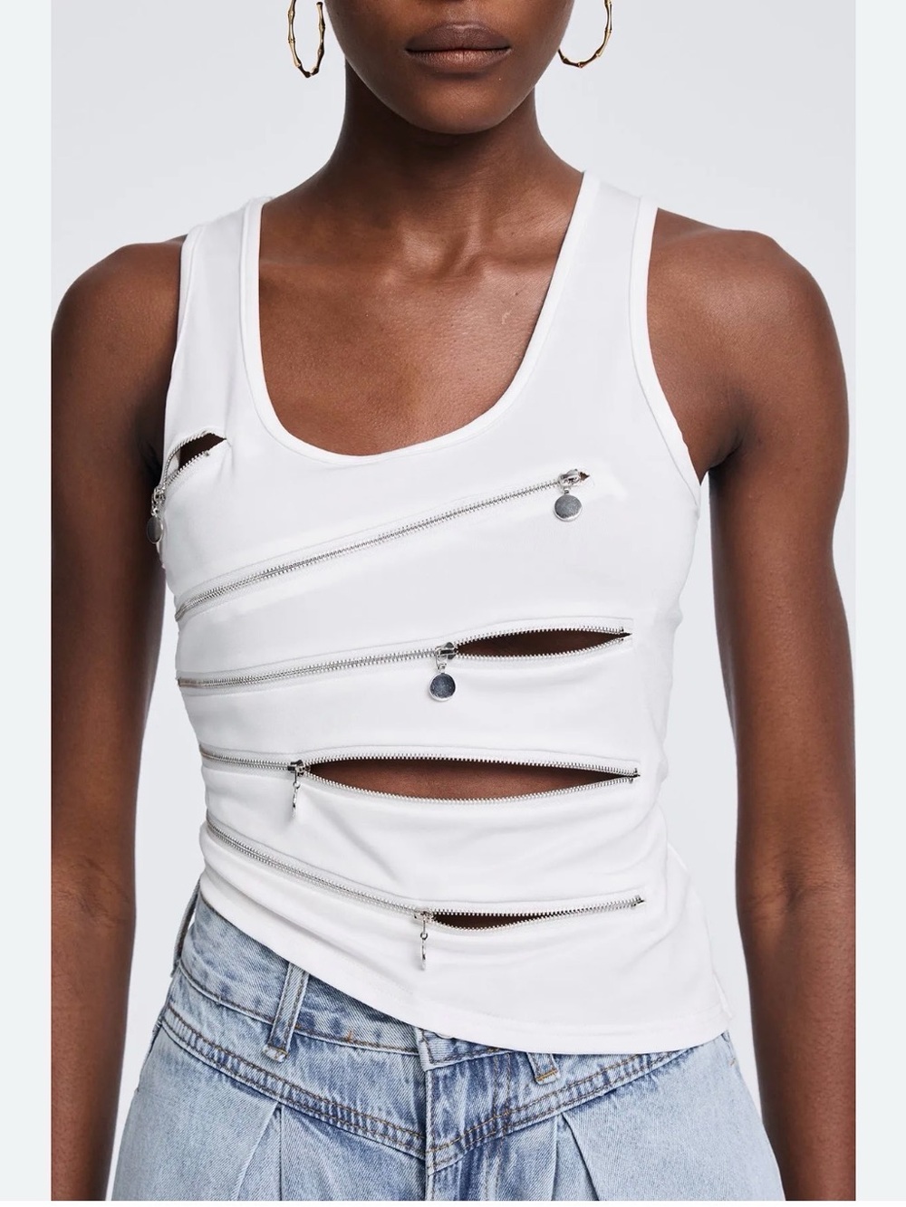 Apikalia Zipper Sleeveless Top White Zip-Accent Women's Tank Top